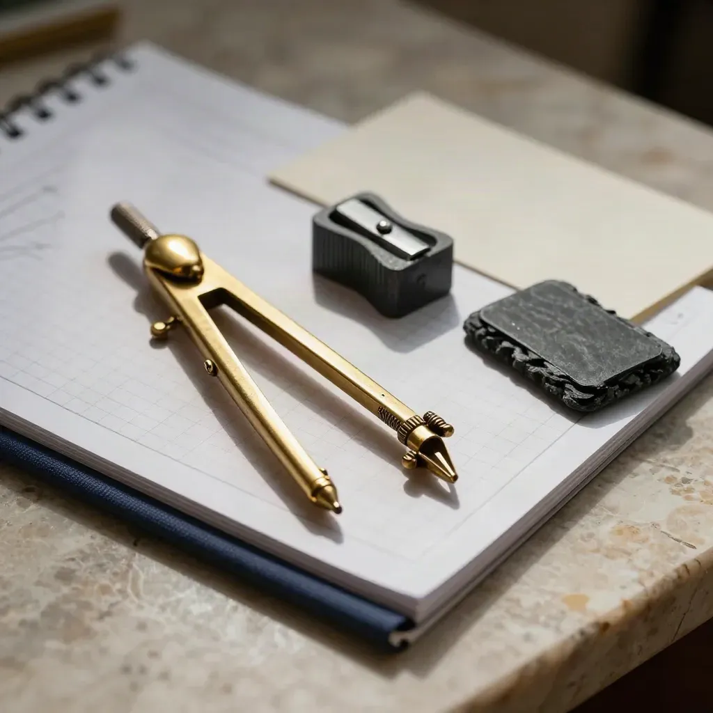 Gros plan d’un kit de soutien scolaire sur pierre claire, compas en laiton, grille et ardoise.