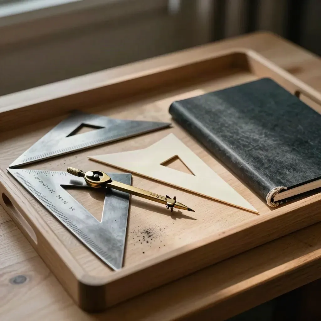 Plateau de dessin avec triangles, compas en laiton et carnet mat sur bois clair.