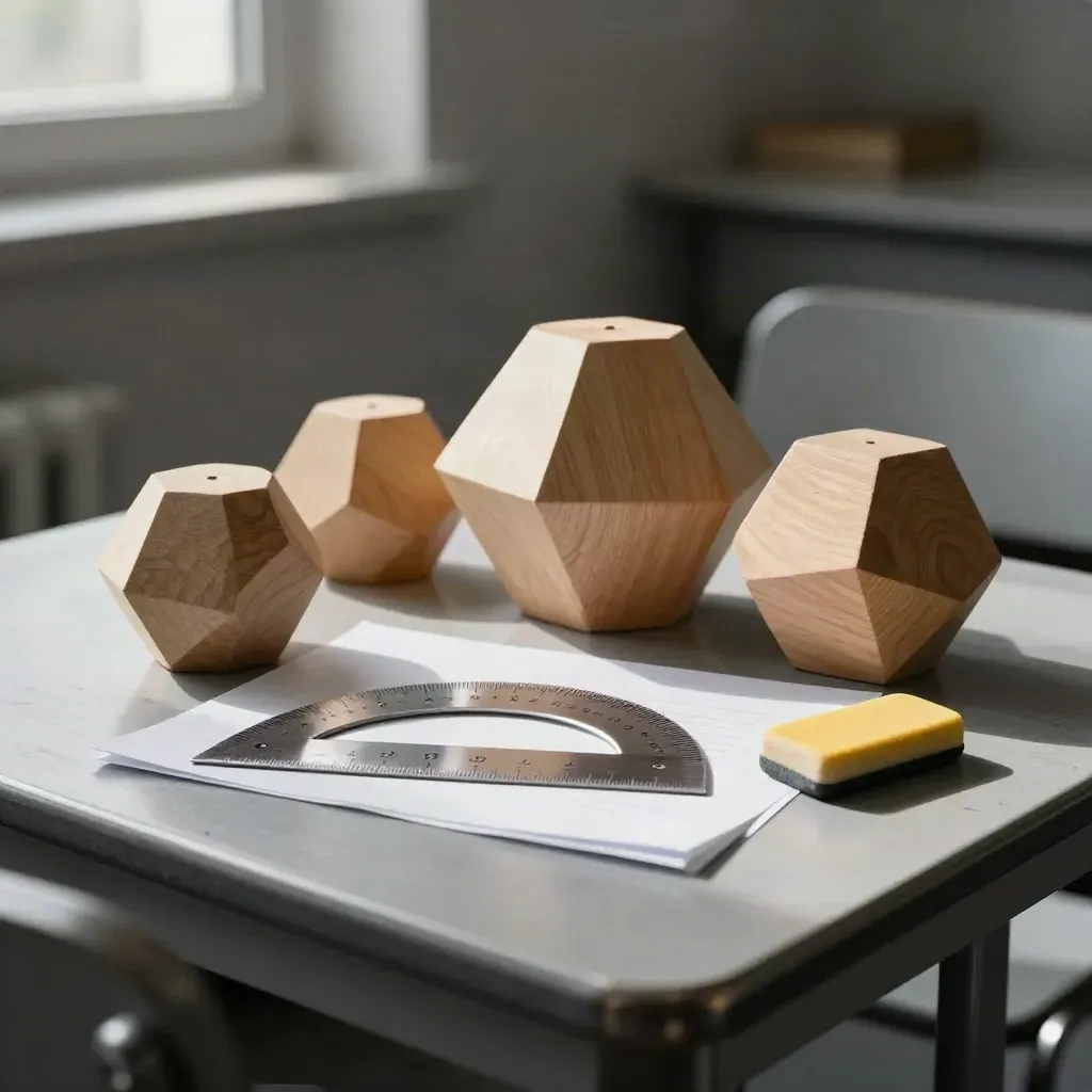 Objets de géométrie de lycée sur métal brossé, lumière douce et poussière légère.
