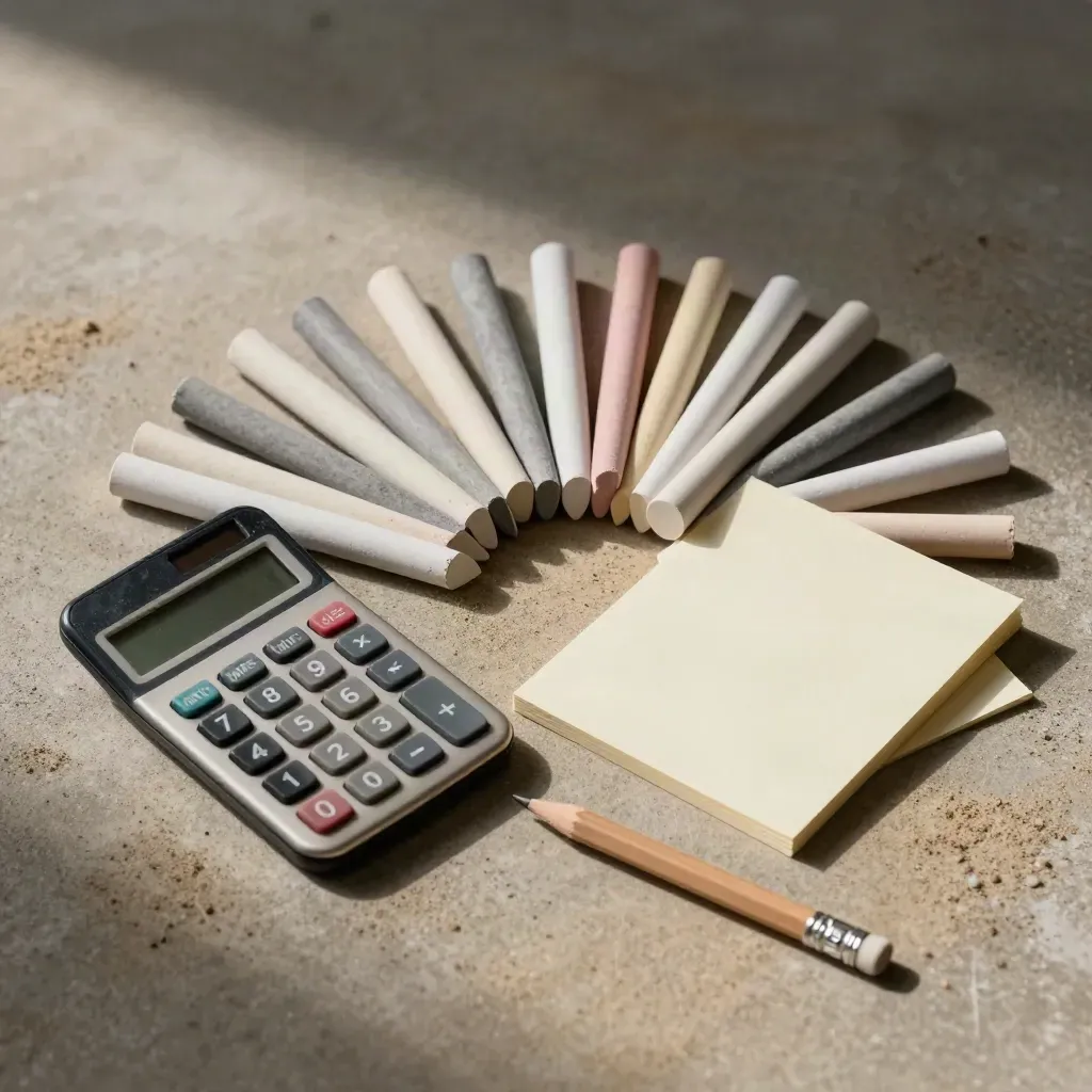 Vue rapprochée d’un kit de devoirs avec jetons de calcul, calculatrice et crayon sur béton sable.