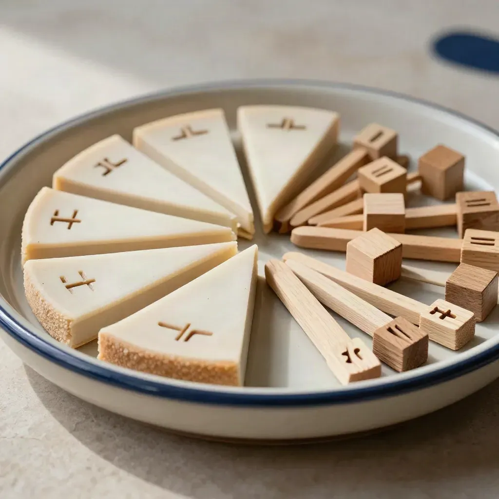 Disque en céramique avec jetons de fractions, bâtonnets et cubes en bois.
