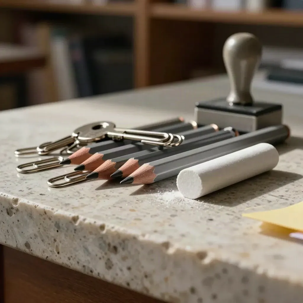 Fournitures scolaires sur pierre claire : pinces, craies et tampon dans une lumière dramatique.