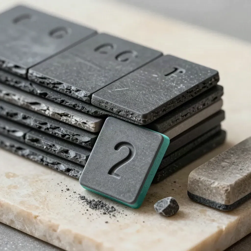 Empilement de tuiles d’algèbre avec gomme graphite et accent turquoise.