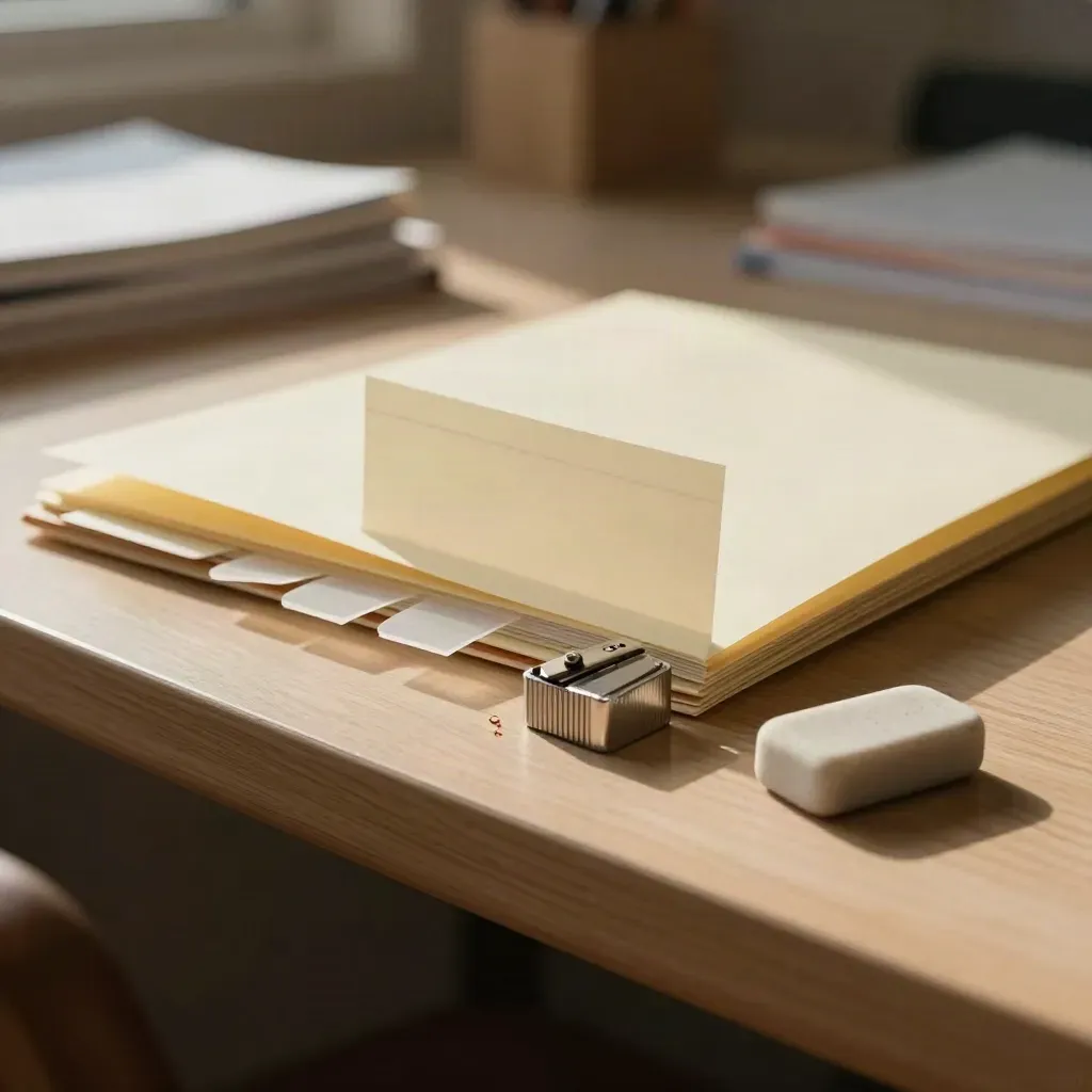 Classement de devoirs avec onglets, gomme, taille-crayon et dossier fermé sur table en bois.