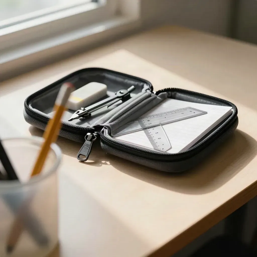 Trousse de géométrie ouverte vue à travers un gobelet translucide, compas et cahier quadrillé.