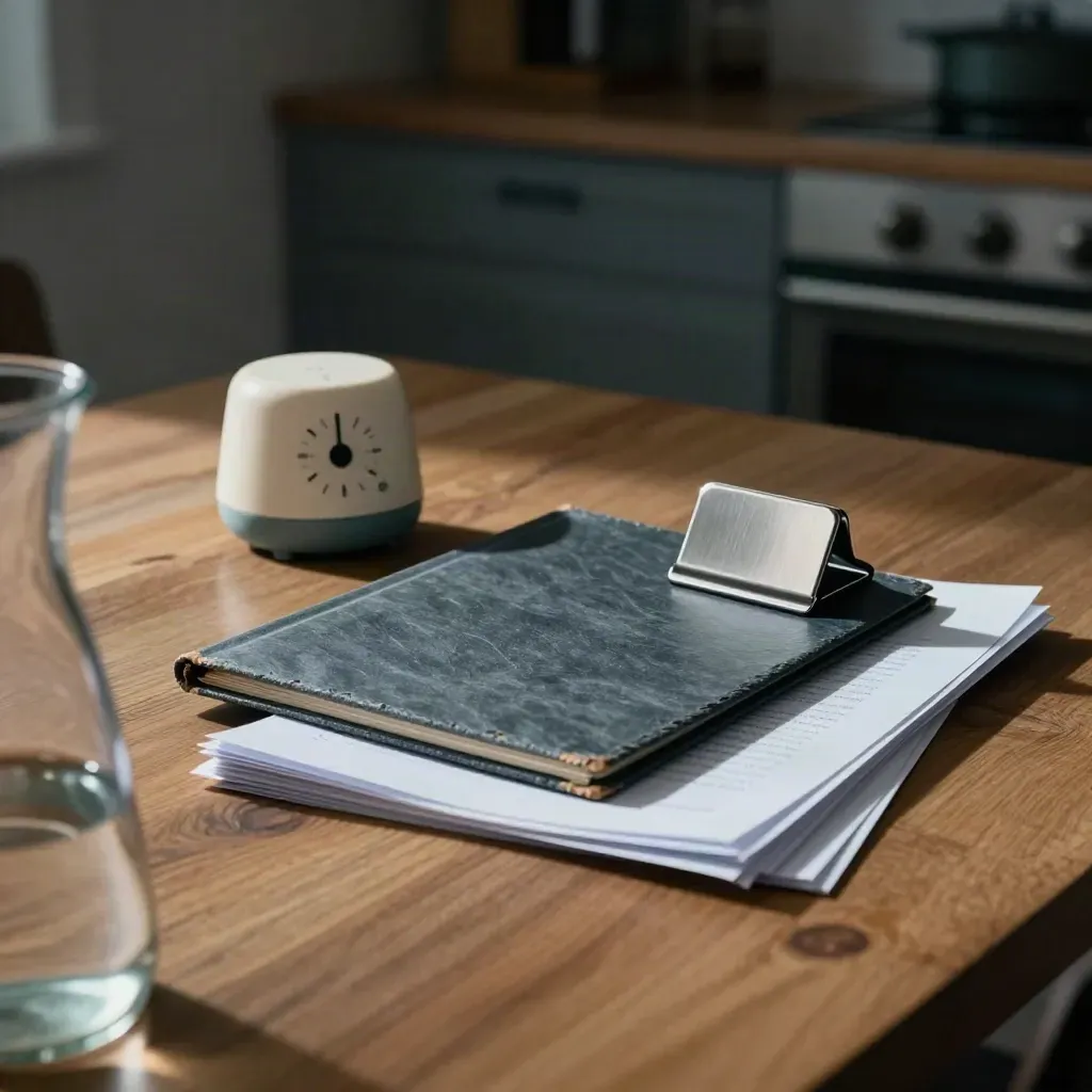 Pile de devoirs fermée sur une table, minuteur de cuisine et clip magnétique dans une cuisine douce