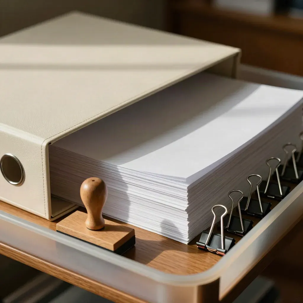 Vue plongeante d’un bac administratif d’école avec classeurs, feuilles et tampon, triés avec soin.