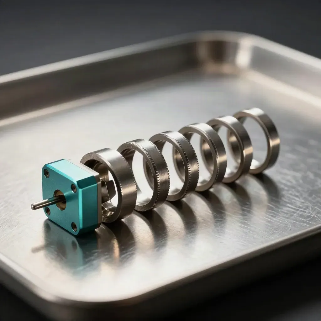 Anneaux métalliques reliés et bloc connecteur sur acier brossé, lumière dramatique et accent teal.