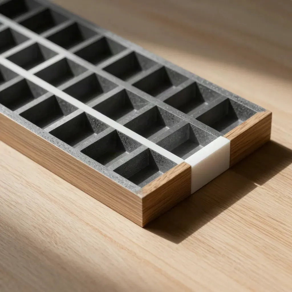 Blocs graphite modulaires alignés sur bois pâle, avec une pièce légèrement décalée.