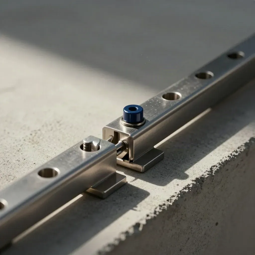 Rail métallique à pattes et rondelles sur béton clair, lumière rasante, détail macro.