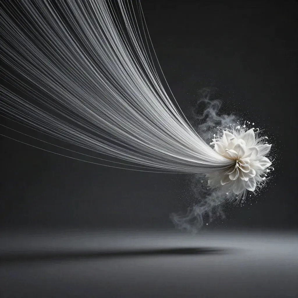 Filaments argentés convergeant vers une lueur blanche sur fond graphite, avec espace libre pour le texte.